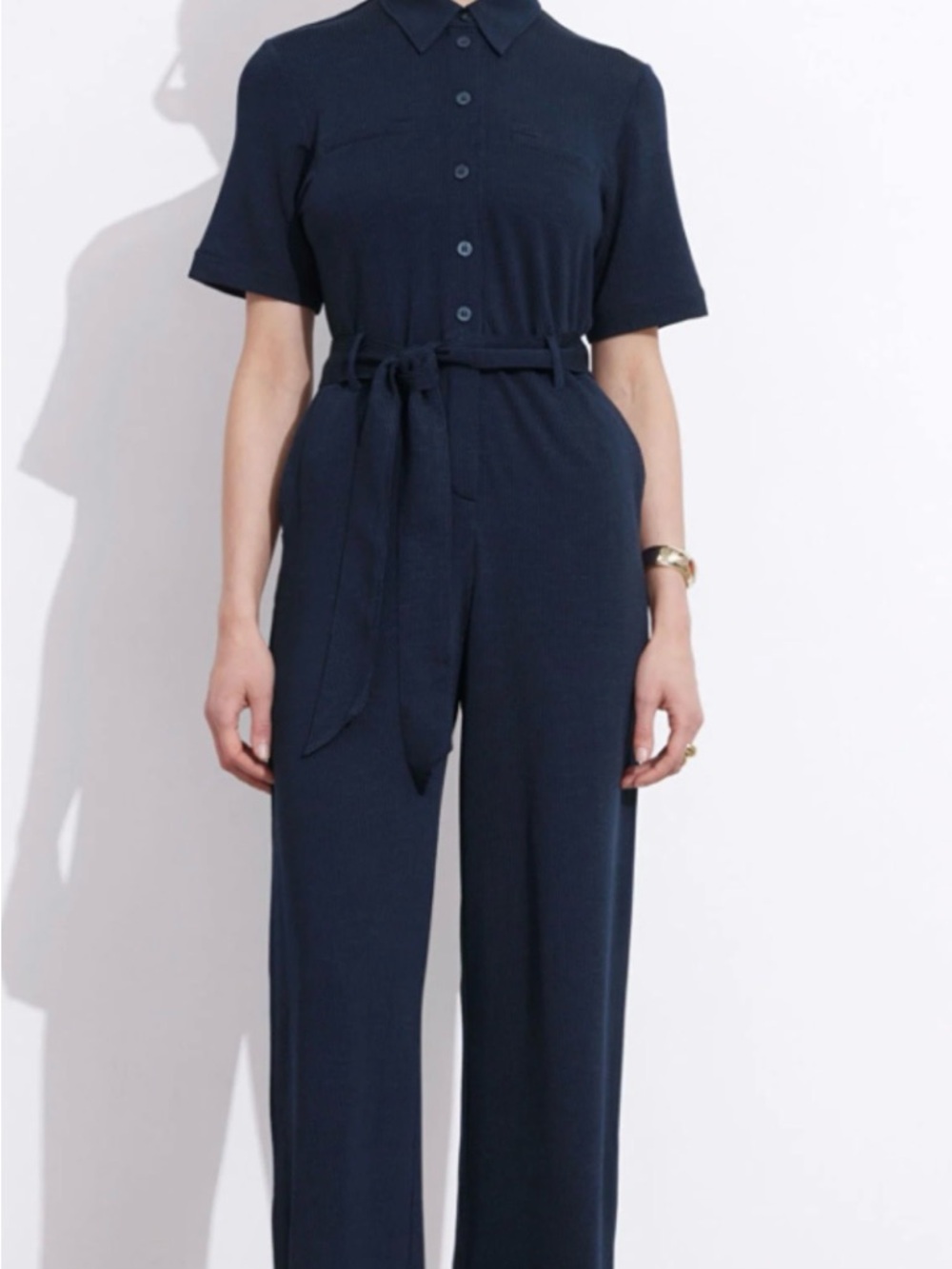 & Other Stories Classic Navy Utility Jumpsuit with Tie Belt - M